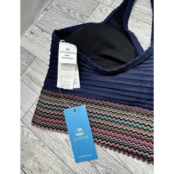 Cupshe Women's M Blue Textured Rainbow Halter Crop Swim Top Padded - Picture 7 of 12